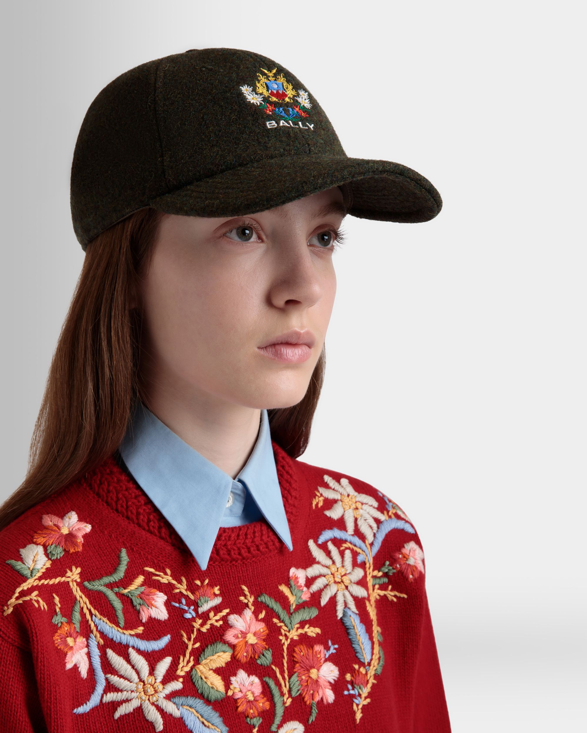 Winter Capsule Baseball Hat With Alpine Flowers in Dark Green Wool - Women's - Bally - 02