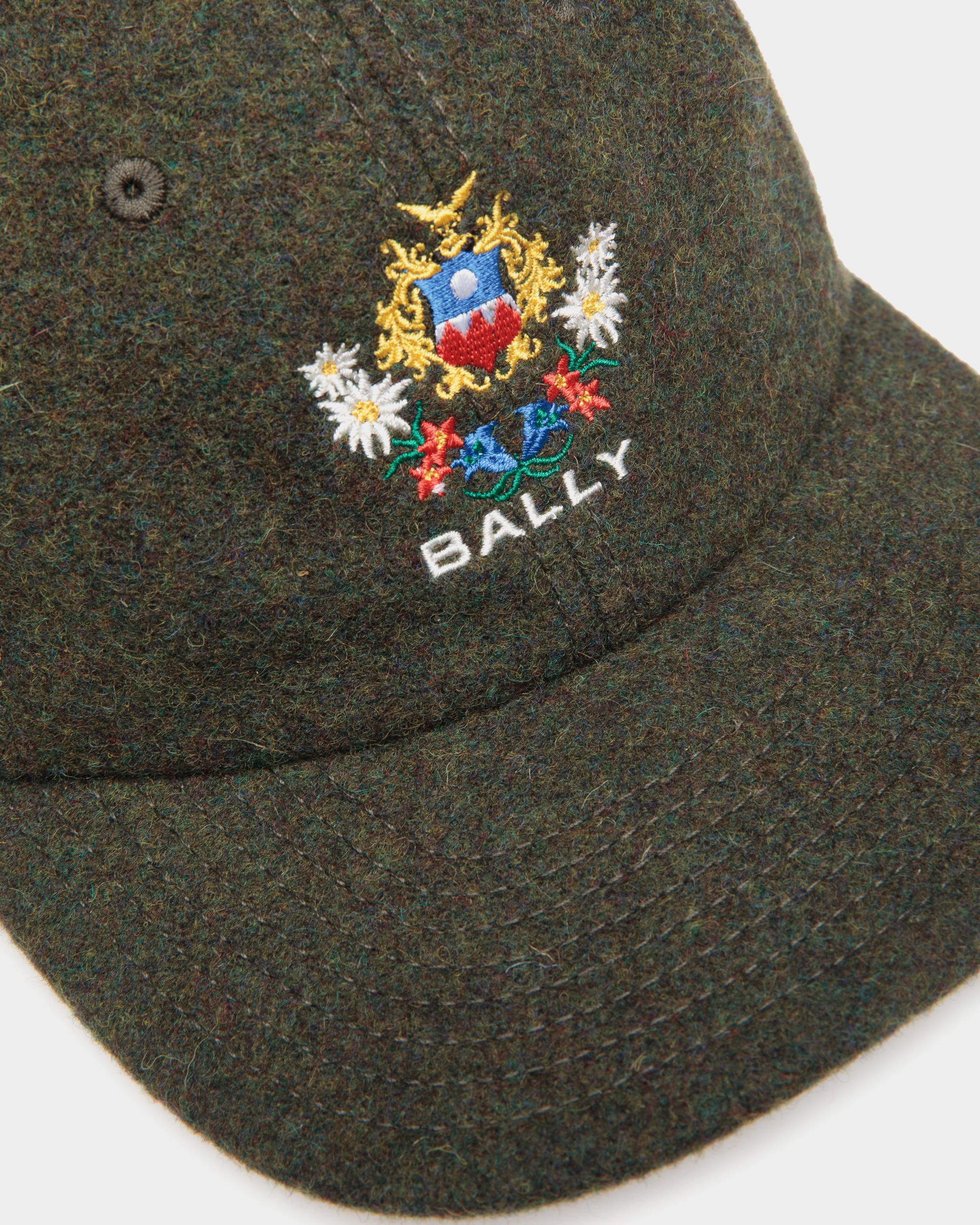 Winter Capsule Baseball Hat With Alpine Flowers in Dark Green Wool - Women's - Bally - 04