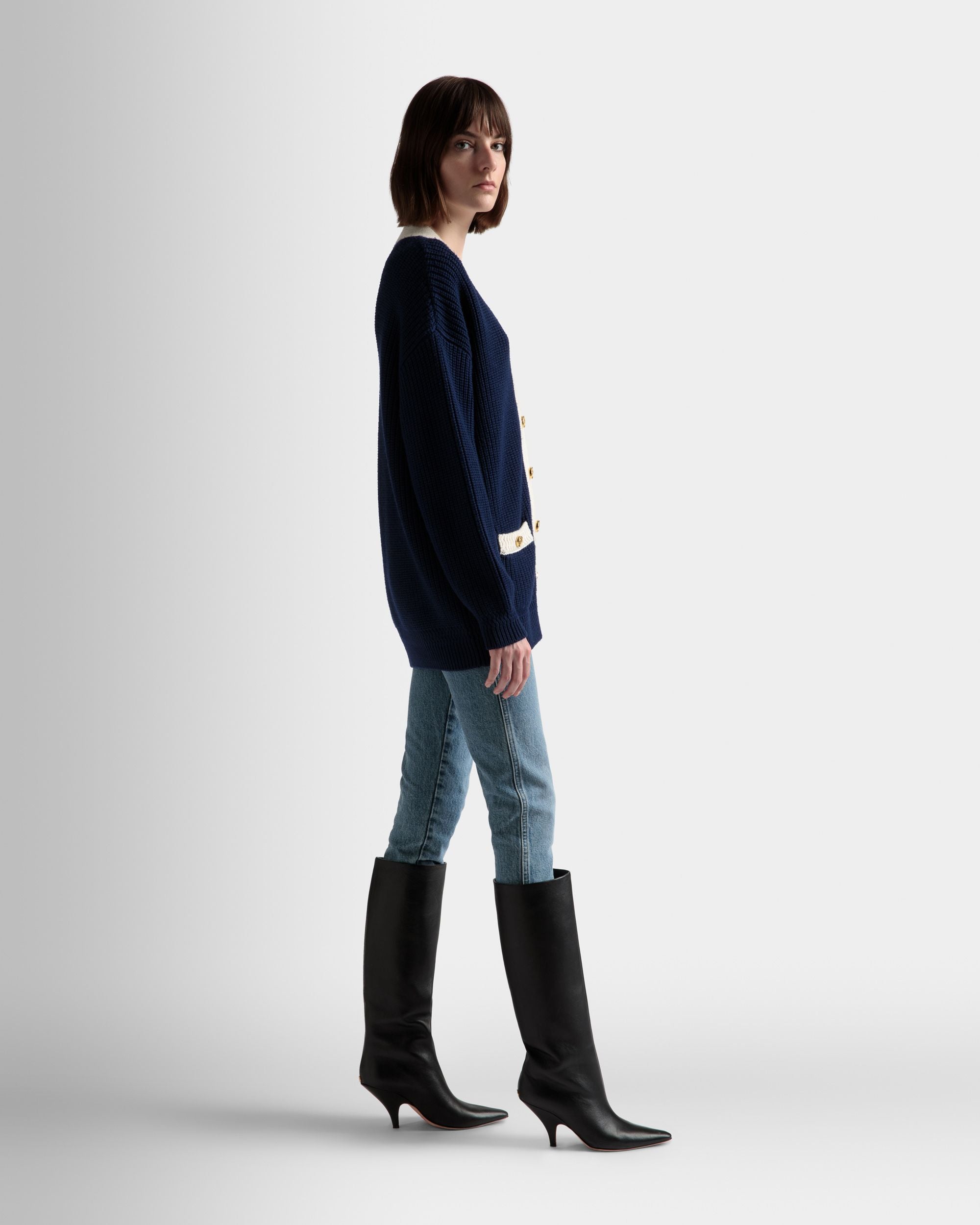 V-Neck Cardigan In Marine Wool - Women's - Bally - 05