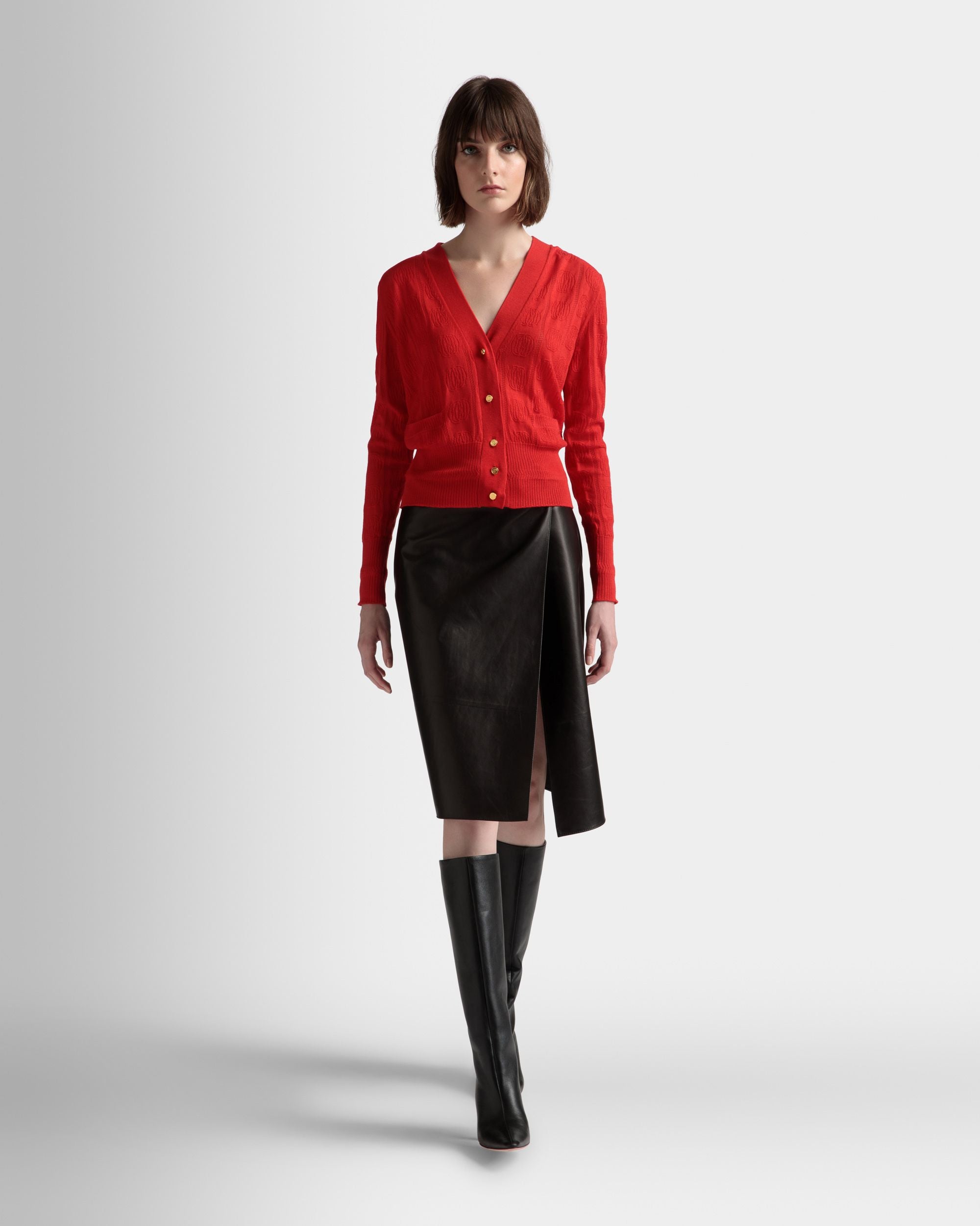 Knit Detail Cardigan In Deep Ruby Wool - Women's - Bally - 02