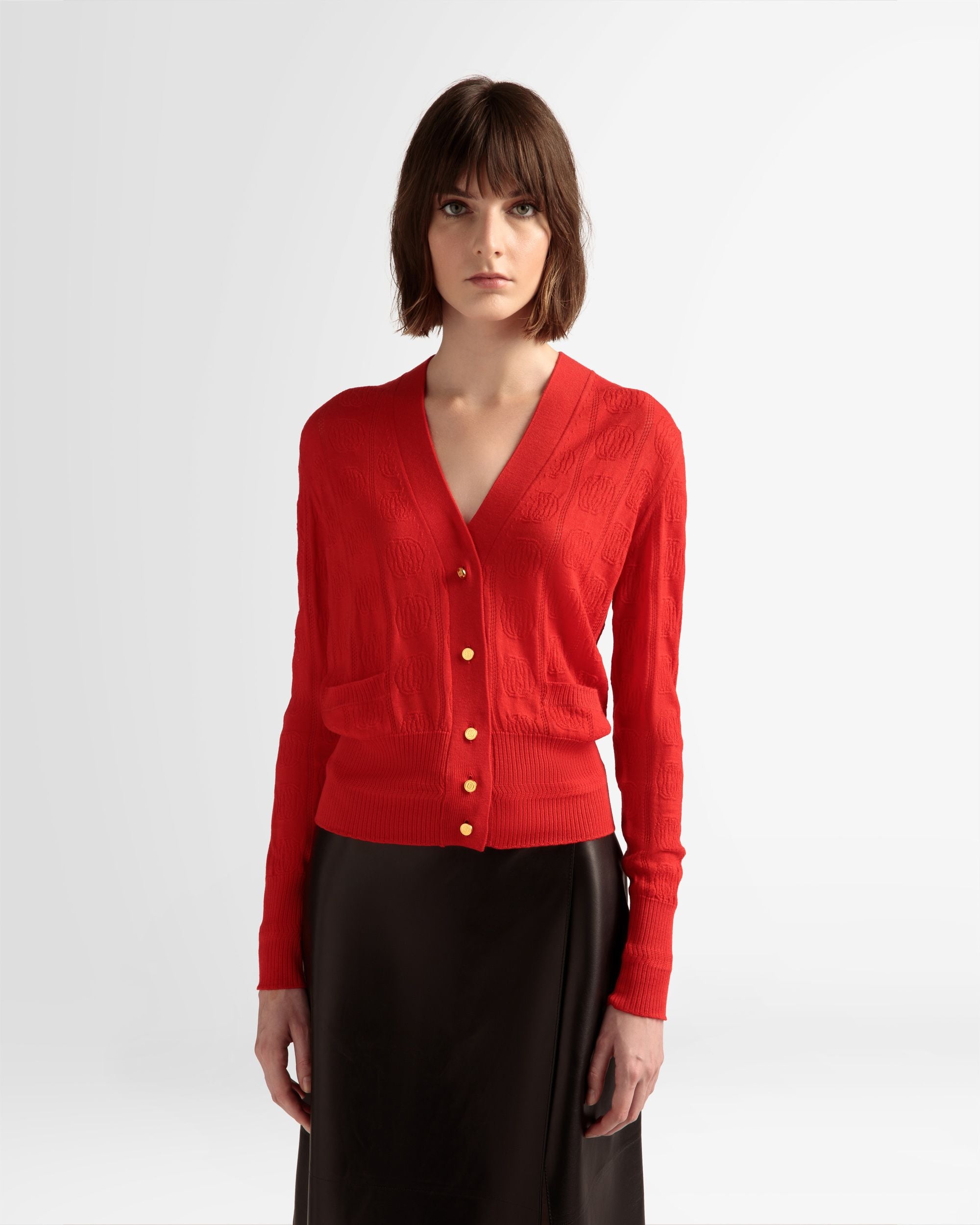 Knit Detail Cardigan In Deep Ruby Wool - Women's - Bally - 03