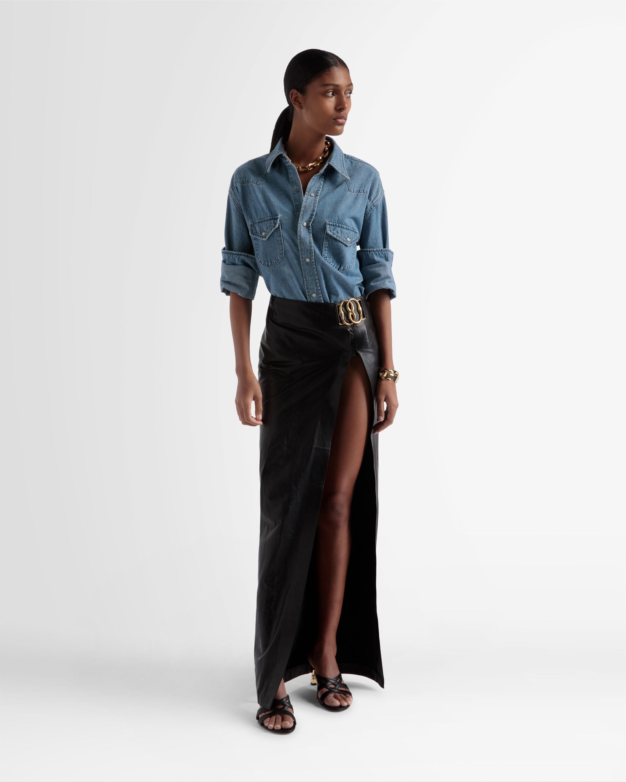 Side Split Leather Skirt In Black - Women's - Bally - 01