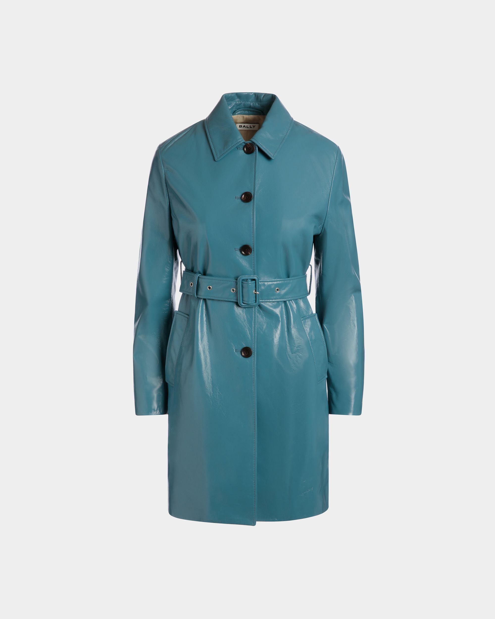 Belted Coat in Medium Blue Leather - Women's - Bally - 01