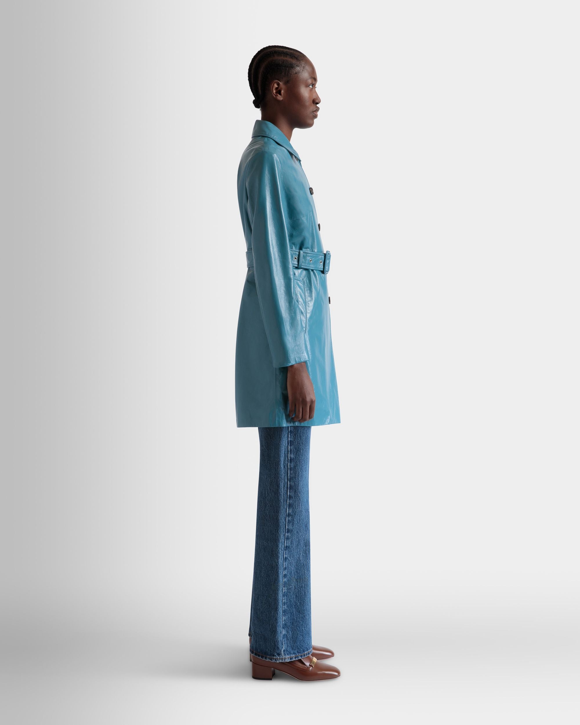Belted Coat in Medium Blue Leather - Women's - Bally - 05
