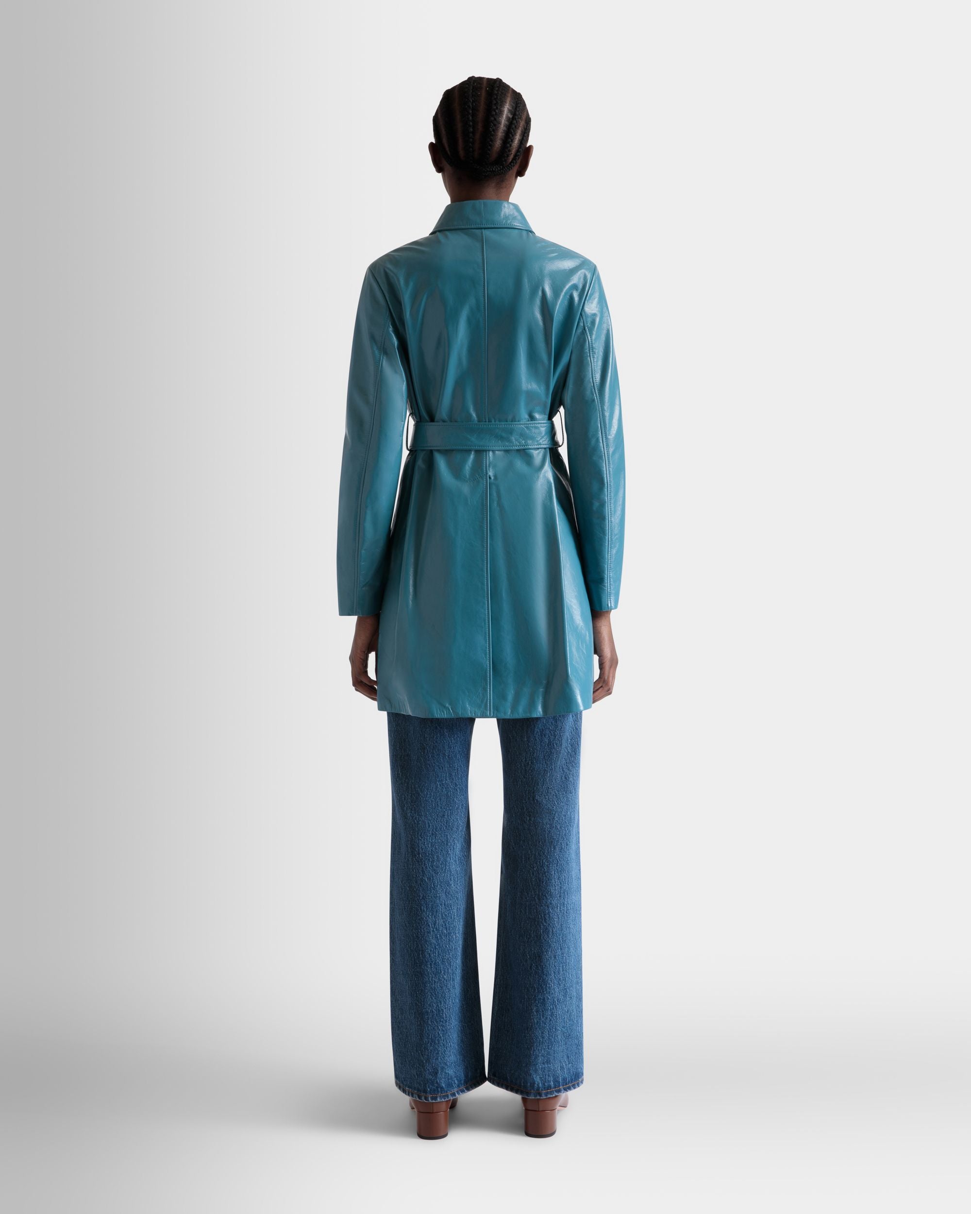 Belted Coat in Medium Blue Leather - Women's - Bally - 06