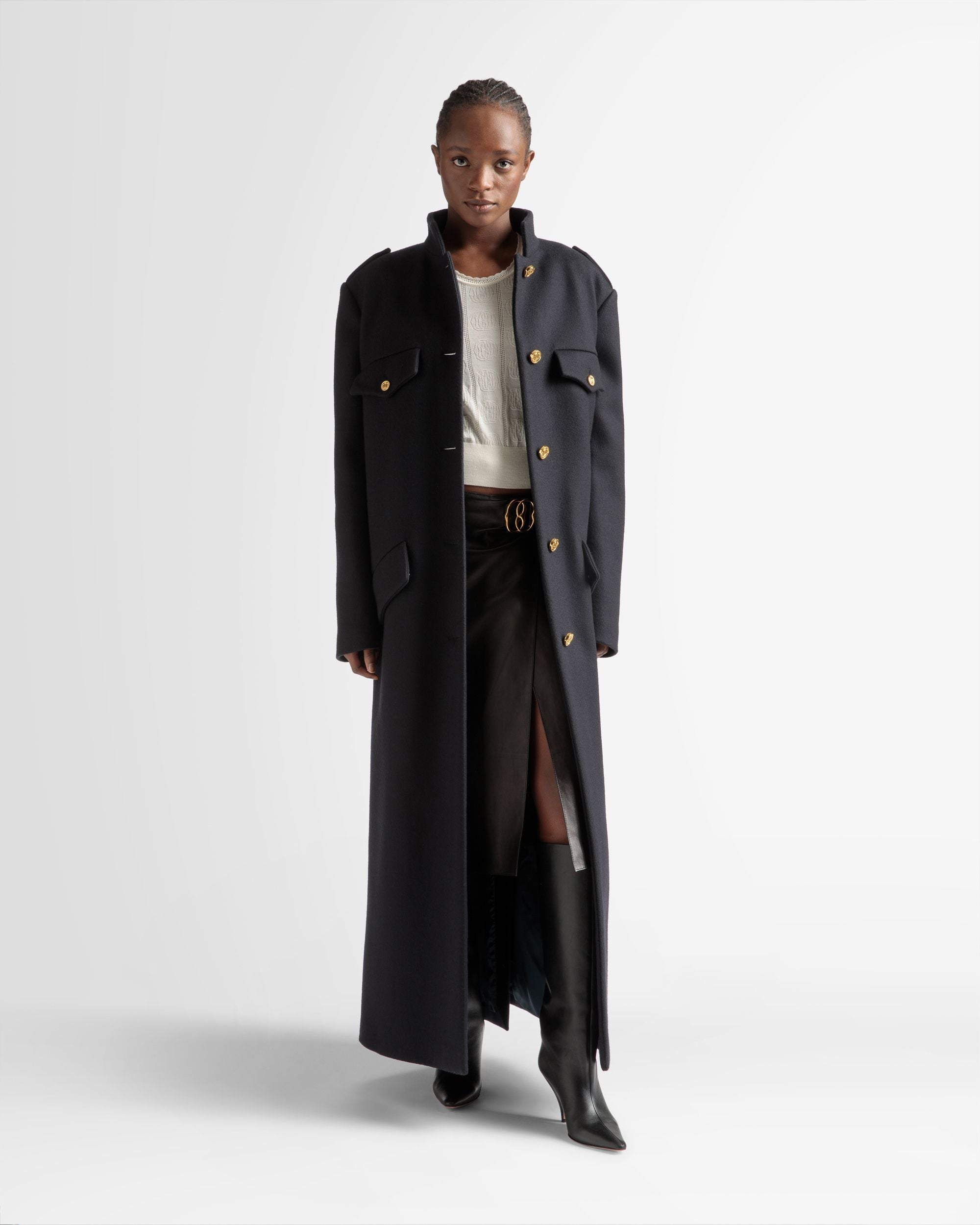 Long Buttoned Coat In Navy Wool Mix - Women's - Bally - 02