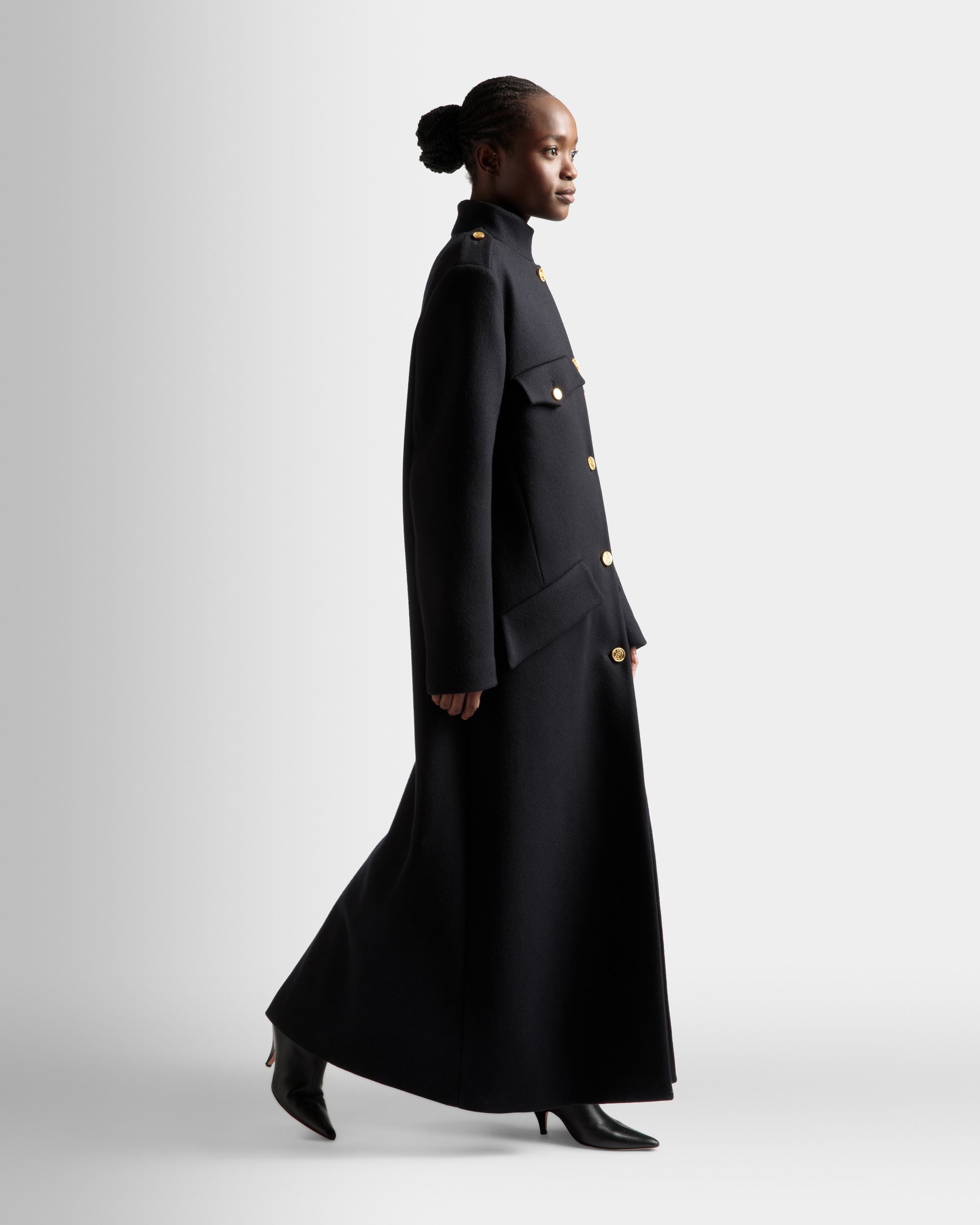 Long Buttoned Coat In Navy Wool Mix - Women's - Bally - 05