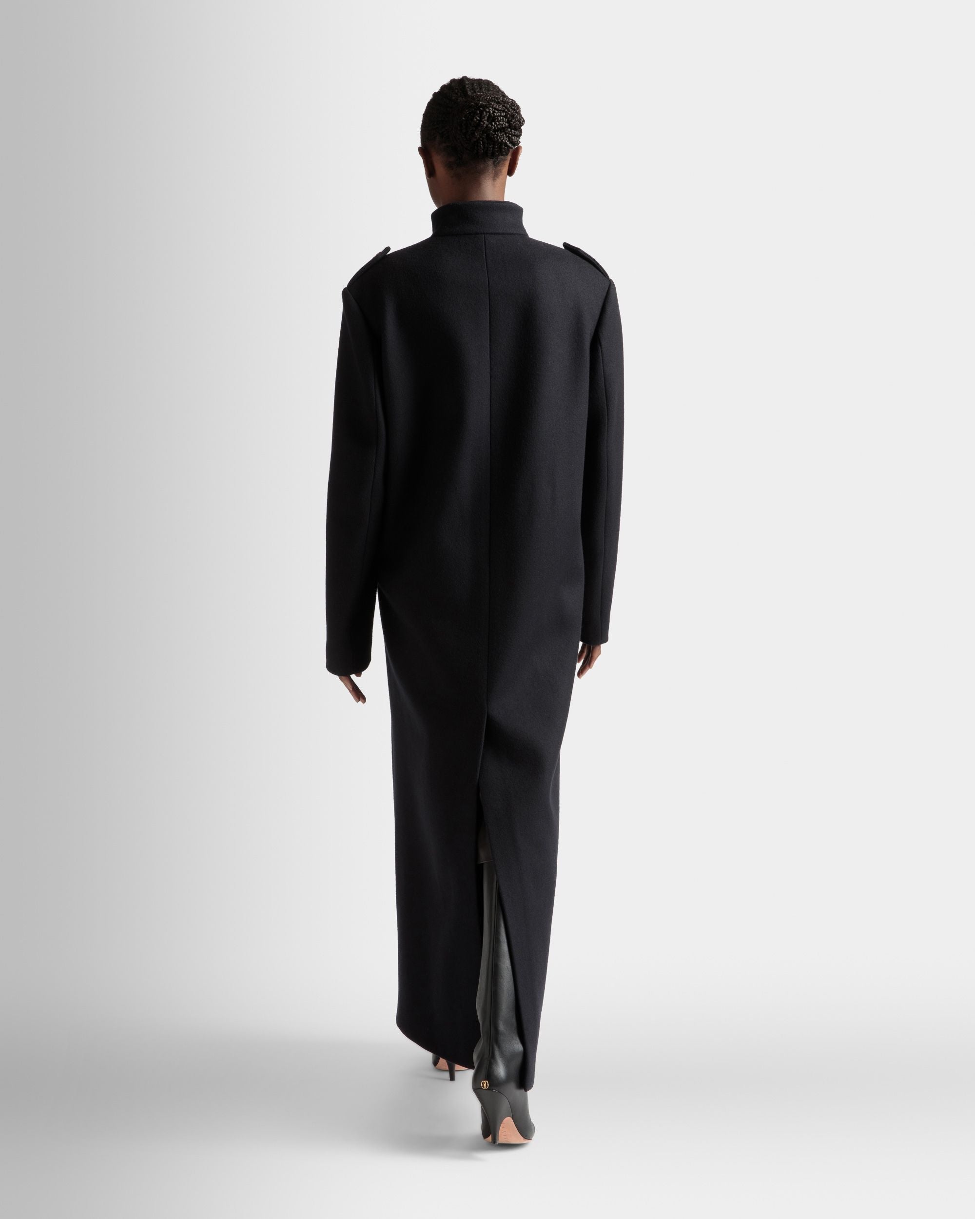 Long Buttoned Coat In Navy Wool Mix - Women's - Bally - 06