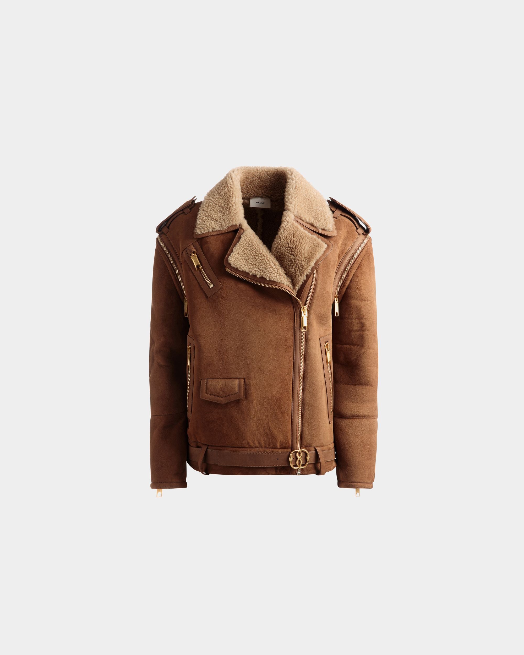 Double-Breasted Shearling Jacket In Brown Suede - Women's - Bally - 01