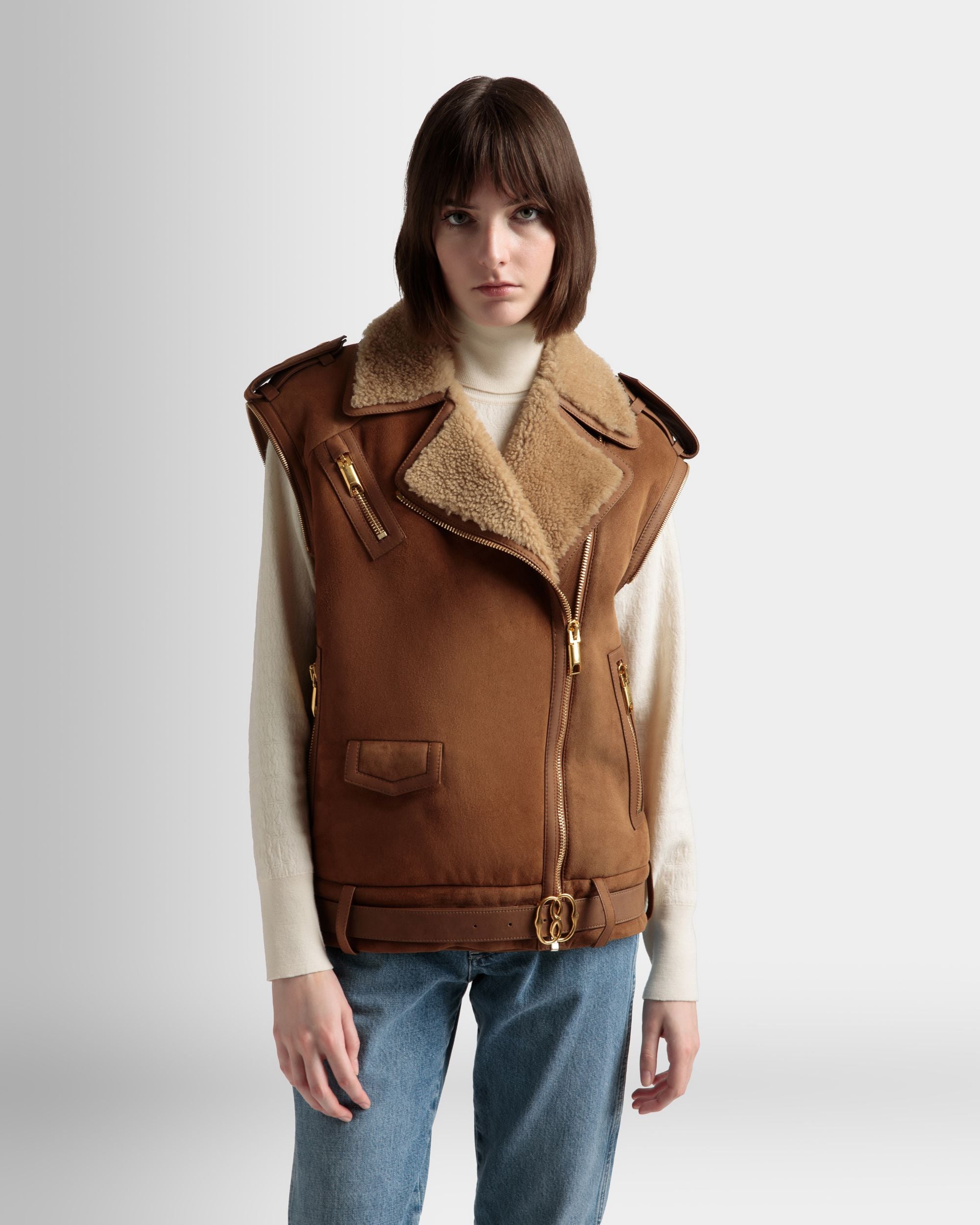 Double-Breasted Shearling Jacket In Brown Suede - Women's - Bally - 03