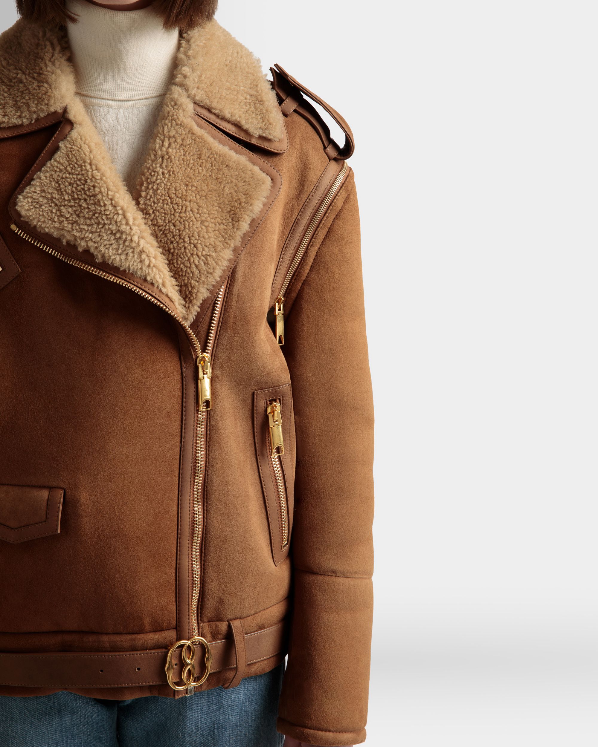 Double-Breasted Shearling Jacket In Brown Suede - Women's - Bally - 04