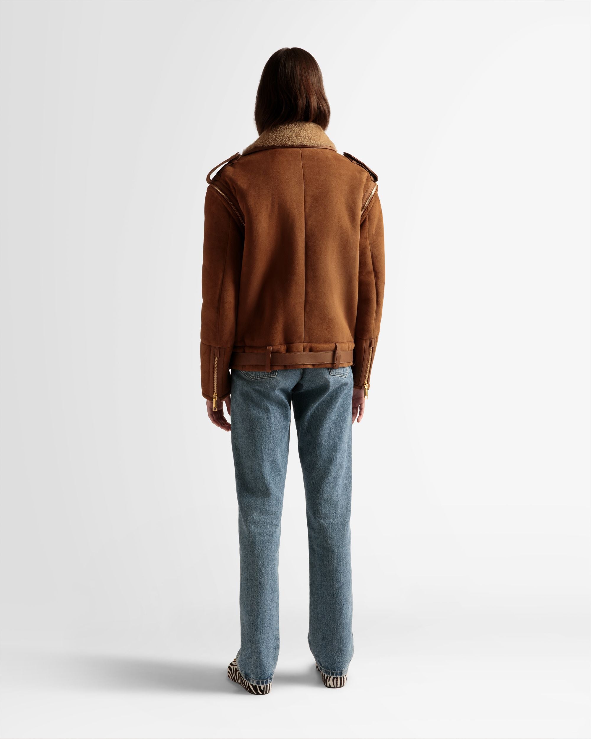 Double-Breasted Shearling Jacket In Brown Suede - Women's - Bally - 06