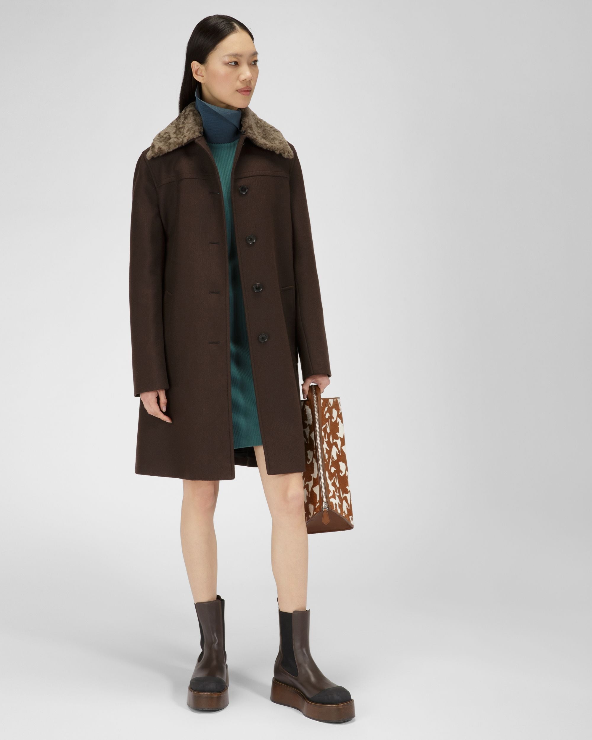 Wool Coat In Ebony Brown - Women's - Bally - 05