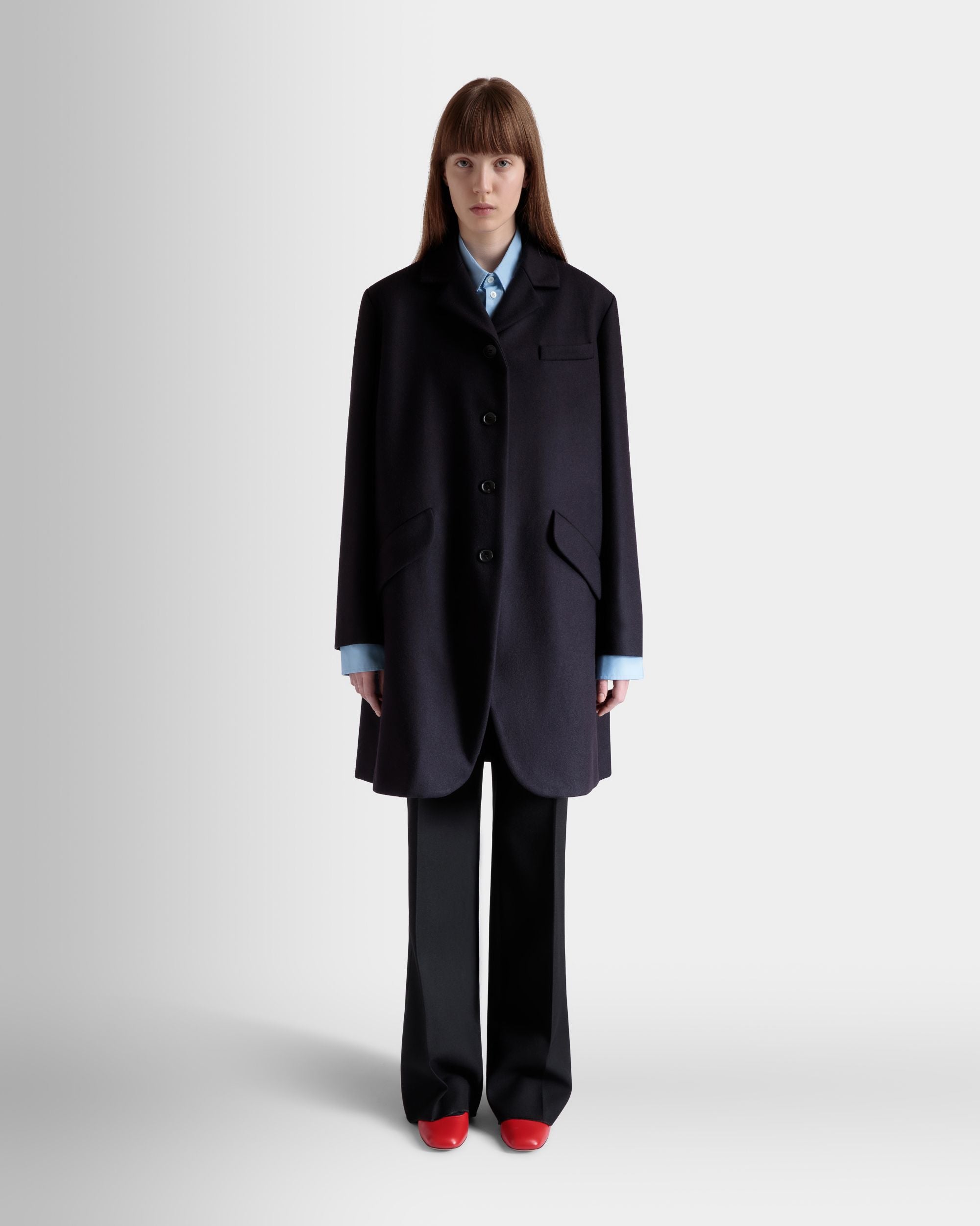 Single-Breasted Midi Coat In a Navy Blue Wool Blend - Women's - Bally - 02