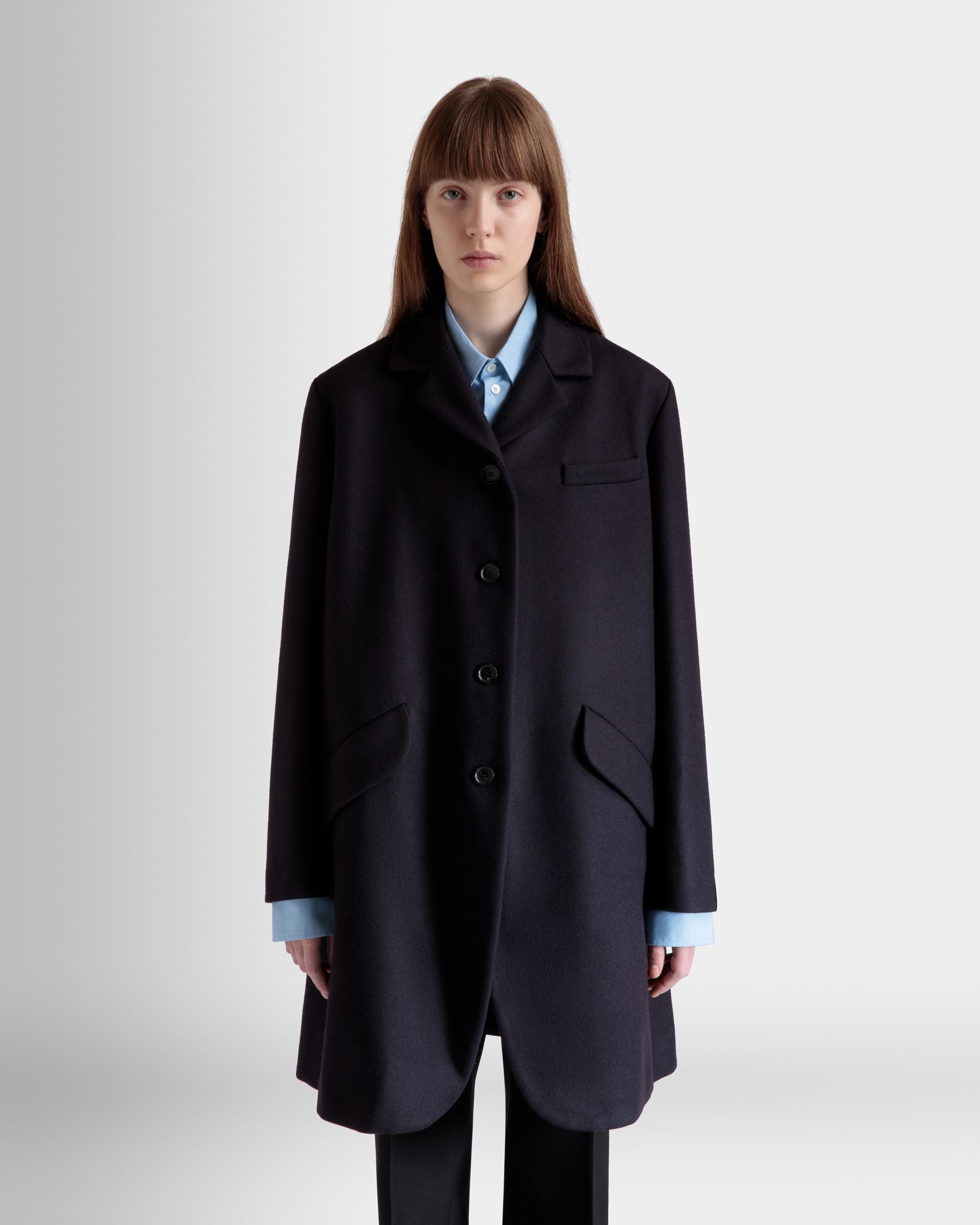 Single-Breasted Midi Coat In a Navy Blue Wool Blend - Women's - Bally - 03