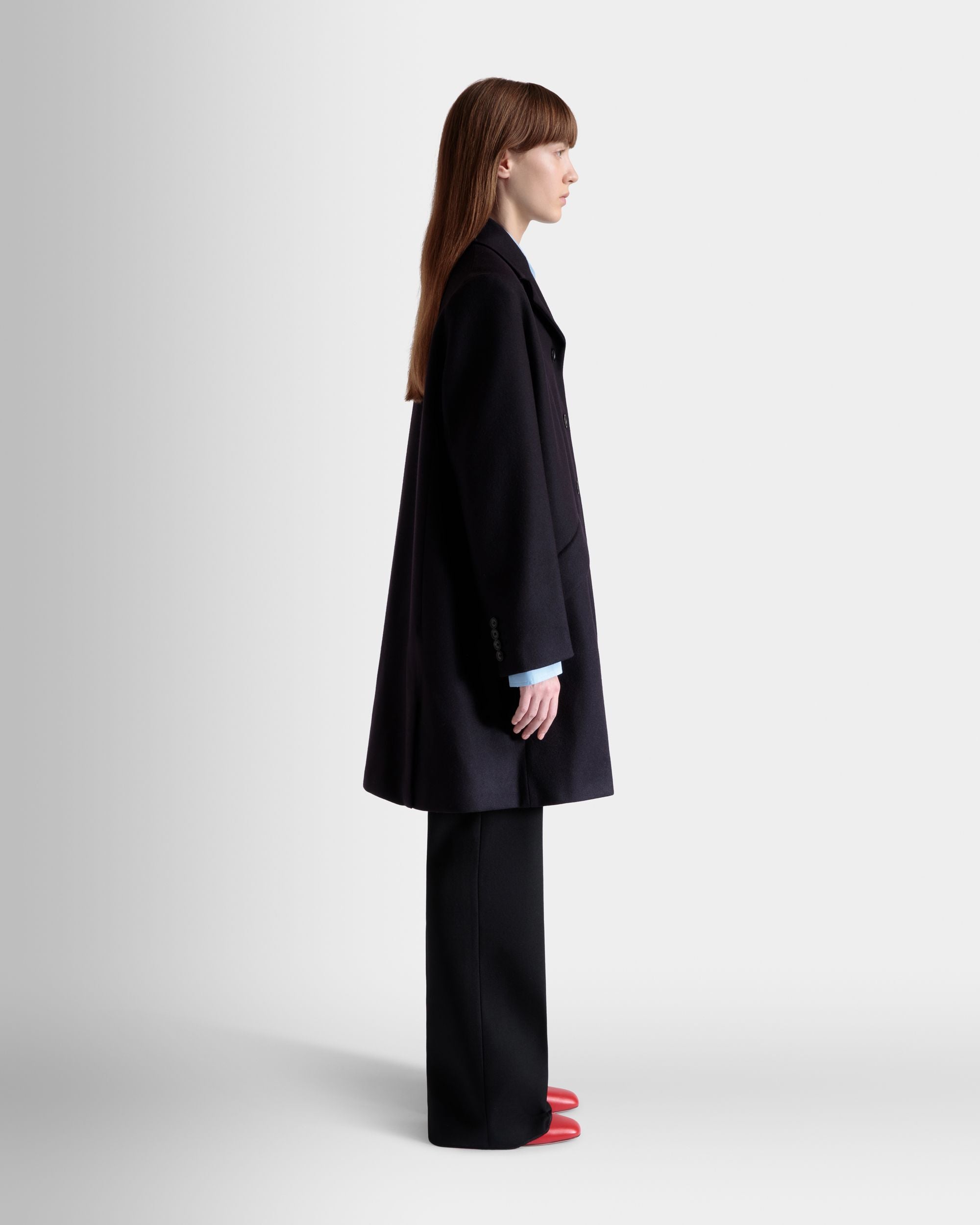 Single-Breasted Midi Coat In a Navy Blue Wool Blend - Women's - Bally - 06
