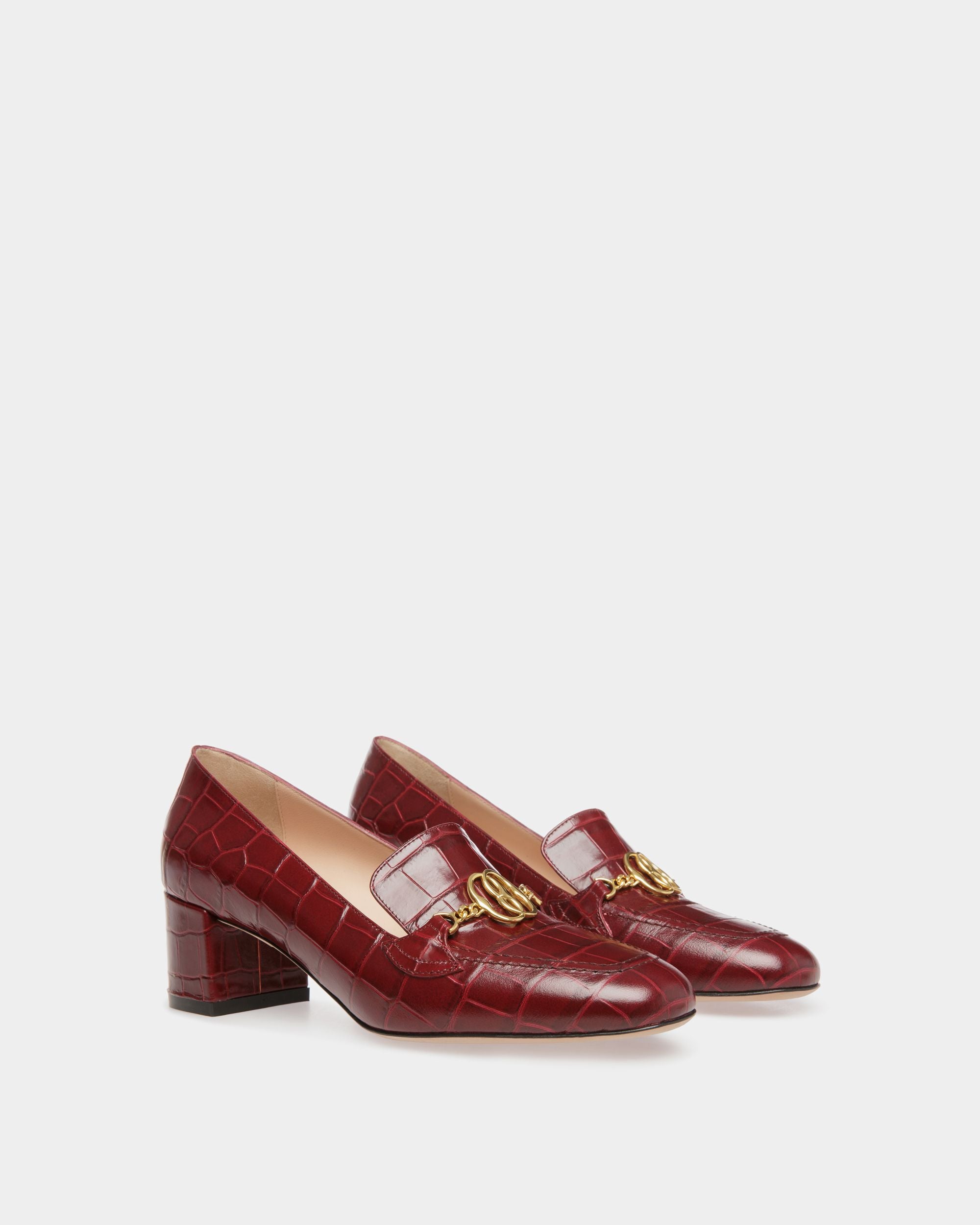 Emblem Pumps in Dark Red Crocodile Print Leather - Women's - Bally - 02