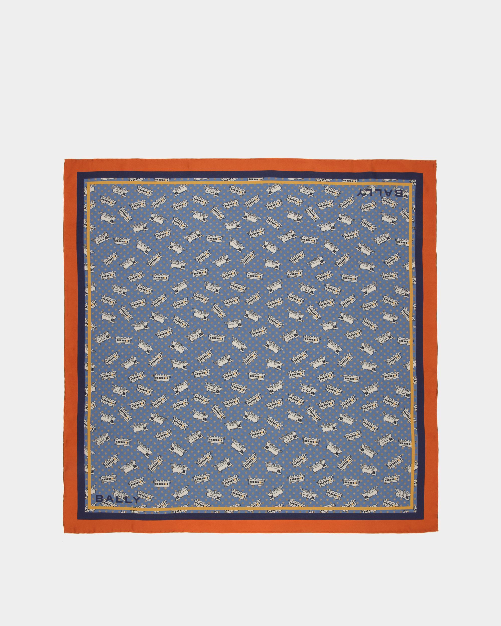 Train Print Square Scarf In Blue Silk - Women's - Bally - 01