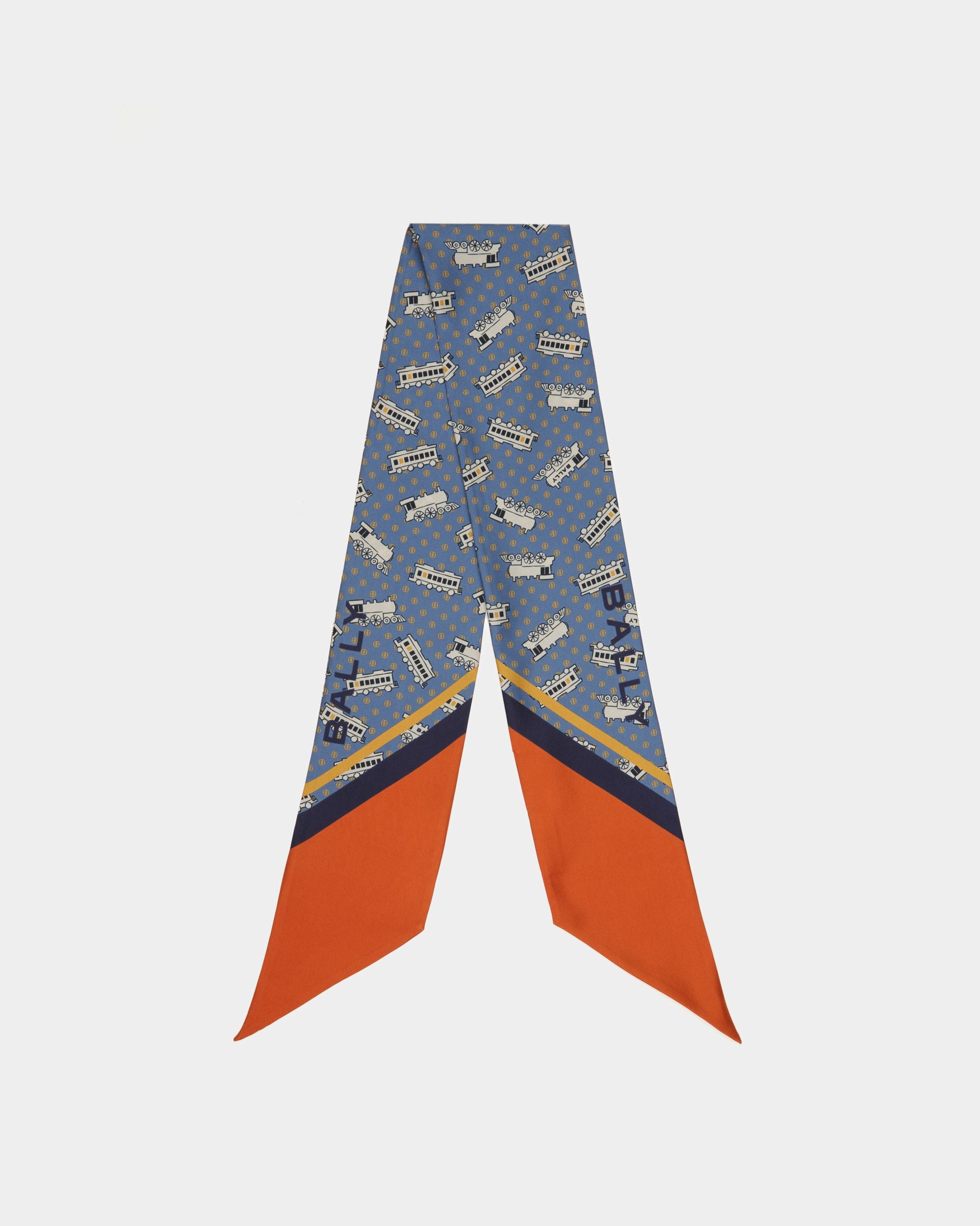 Train Print Twilly In Blue Silk - Women's - Bally - 01