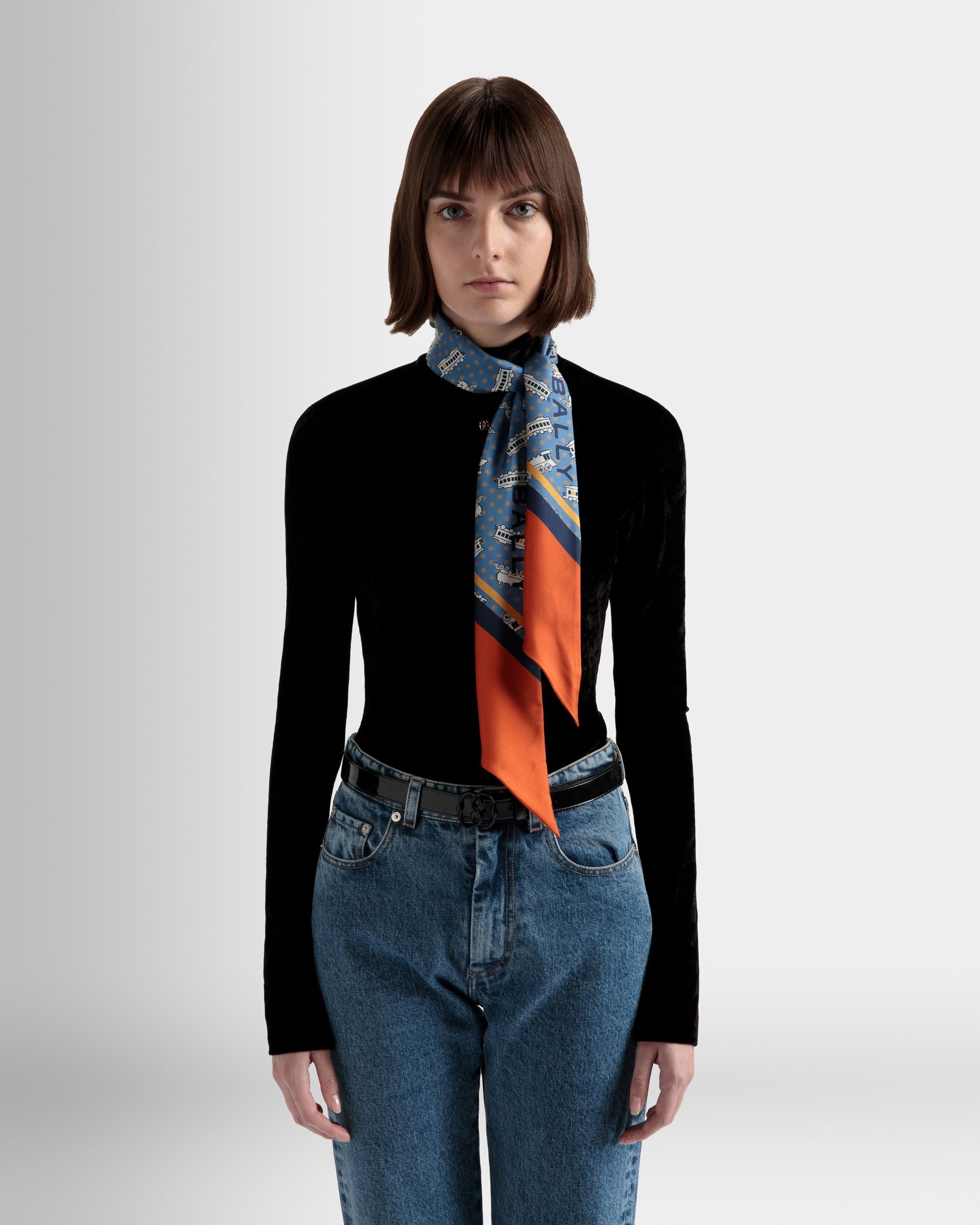 Train Print Twilly In Blue Silk - Women's - Bally - 02