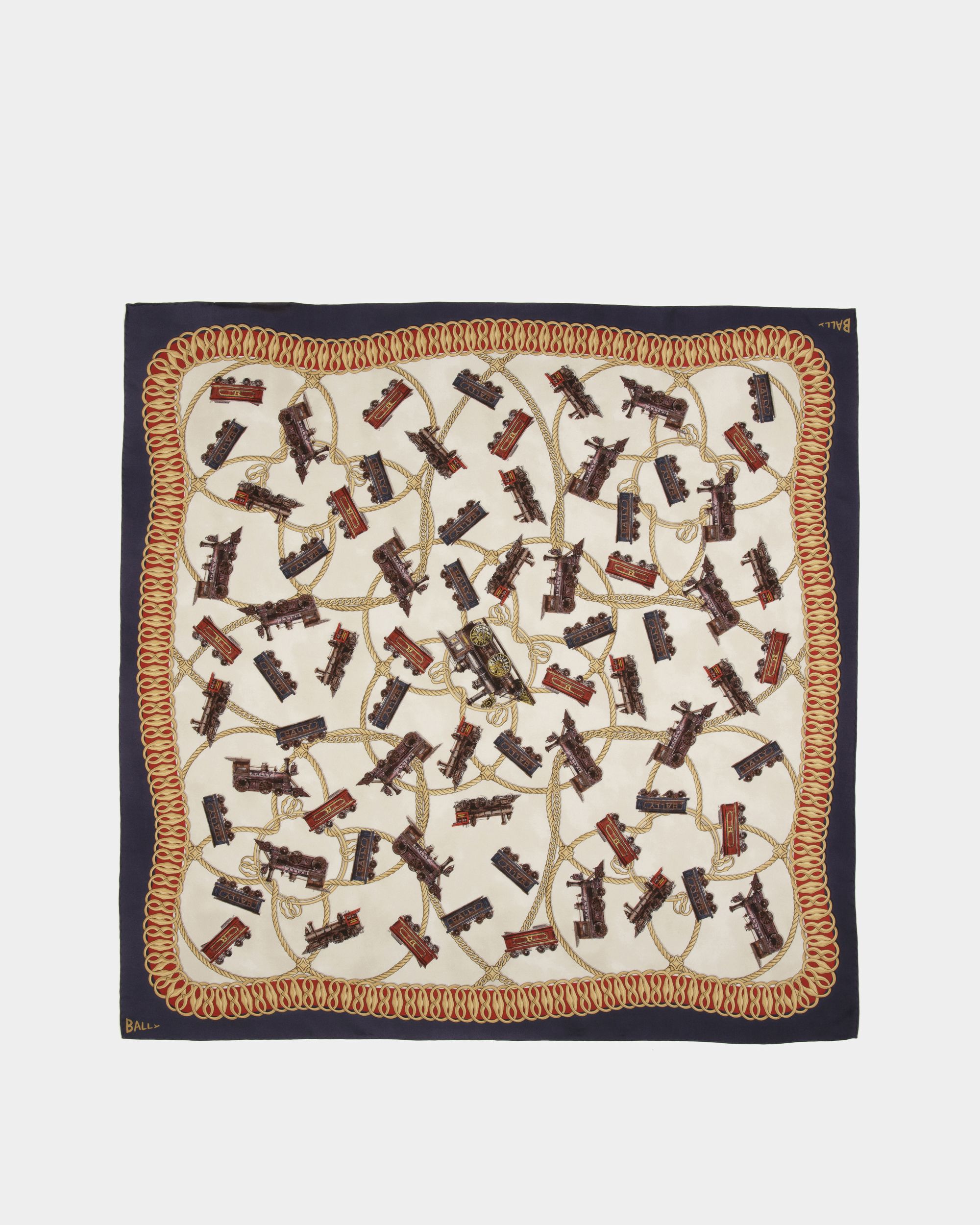 Train Print Square Scarf In Multicolor Silk - Women's - Bally - 01