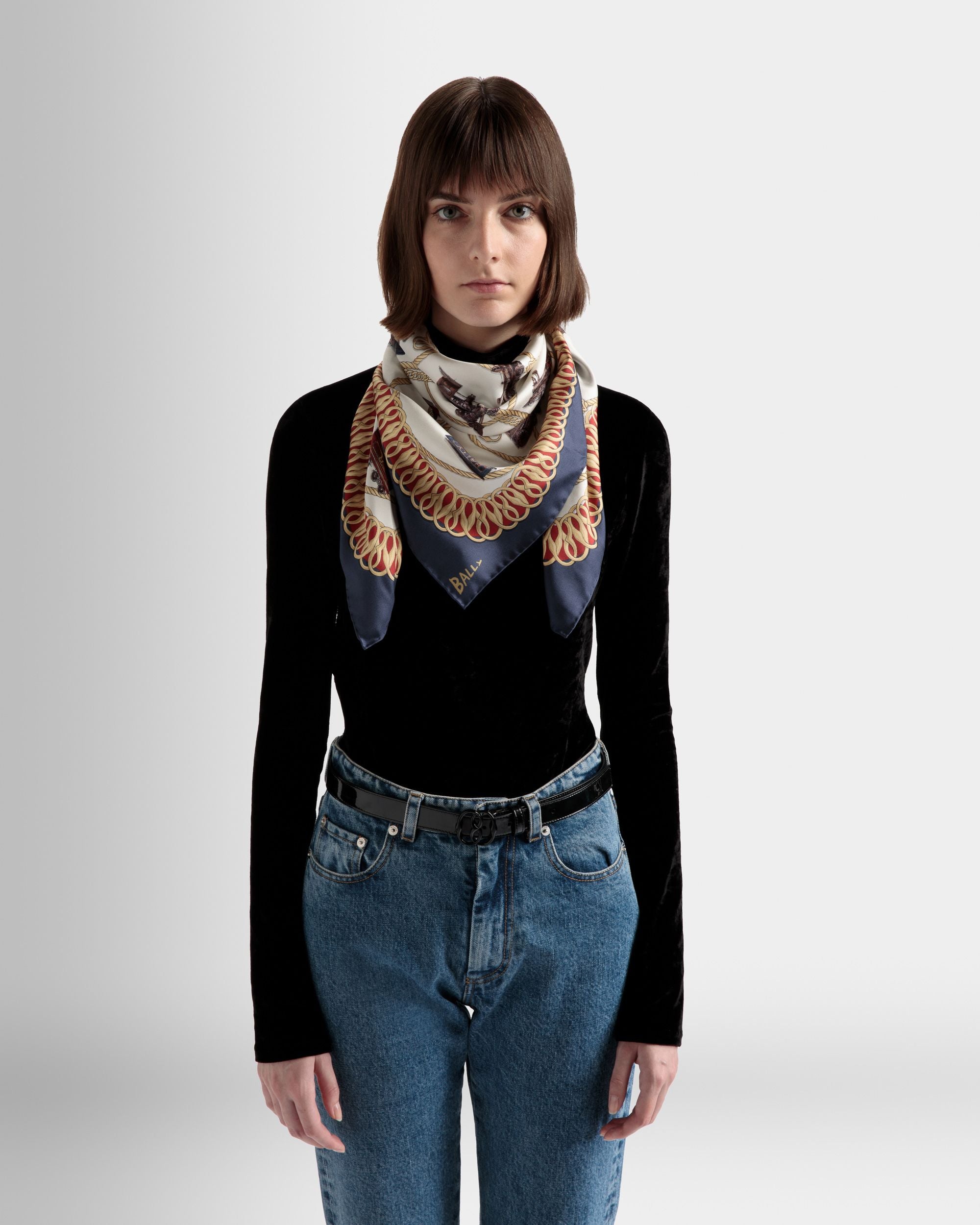 Train Print Square Scarf In Multicolor Silk - Women's - Bally - 02