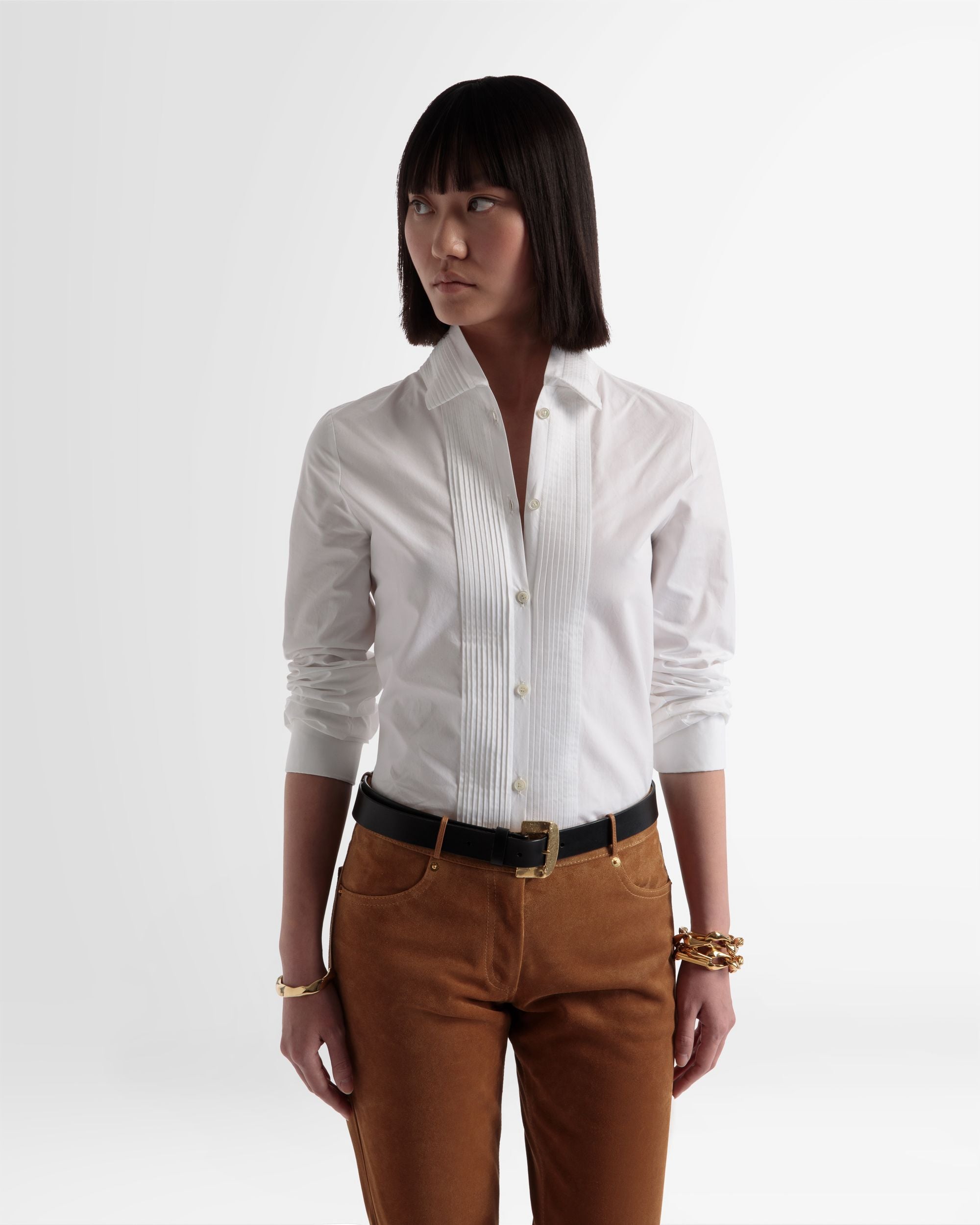 Pleated Placket Shirt In White Cotton Poplin - Women's - Bally - 02