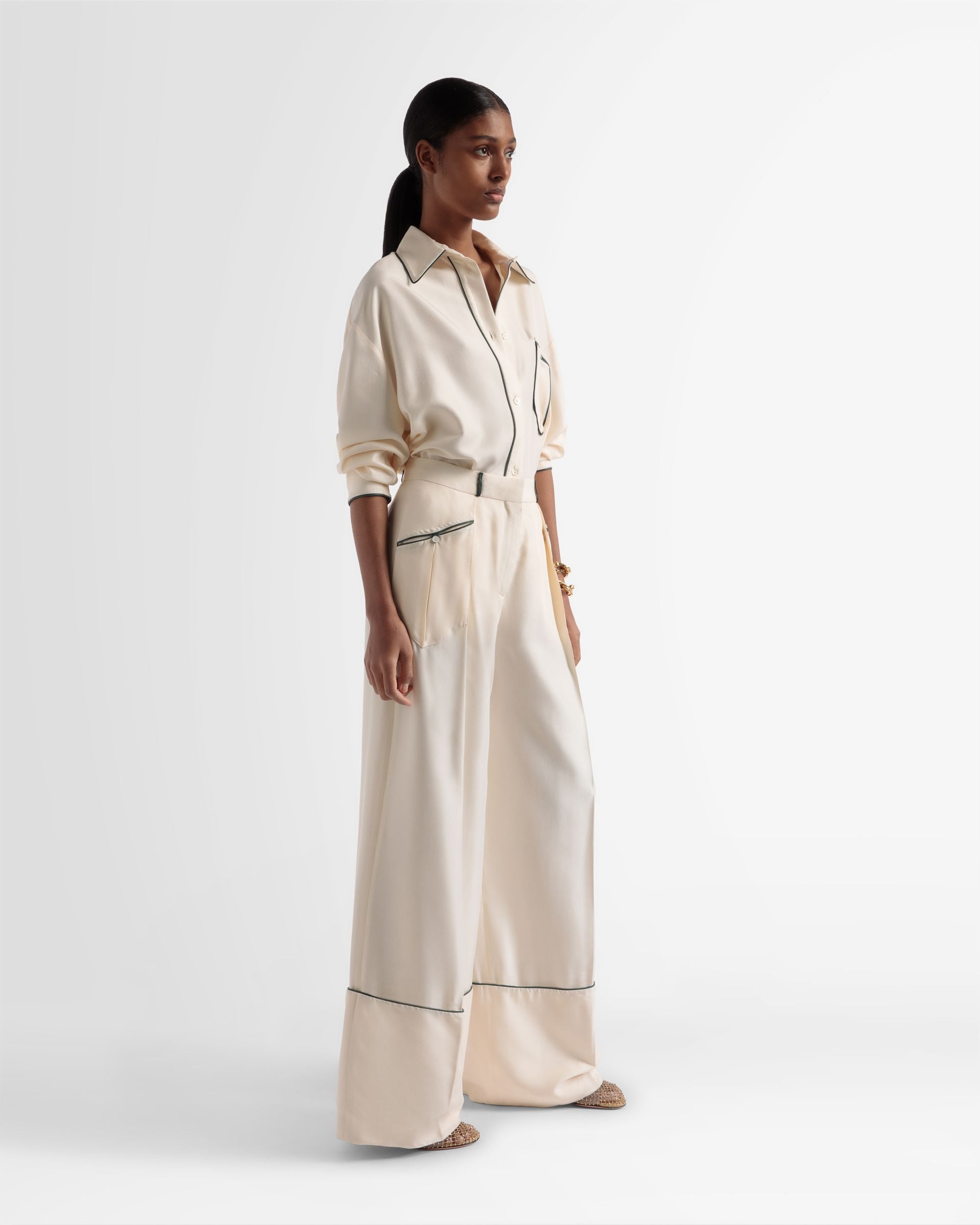Wide Leg Silk Pants In Bone - Women's - Bally - 01