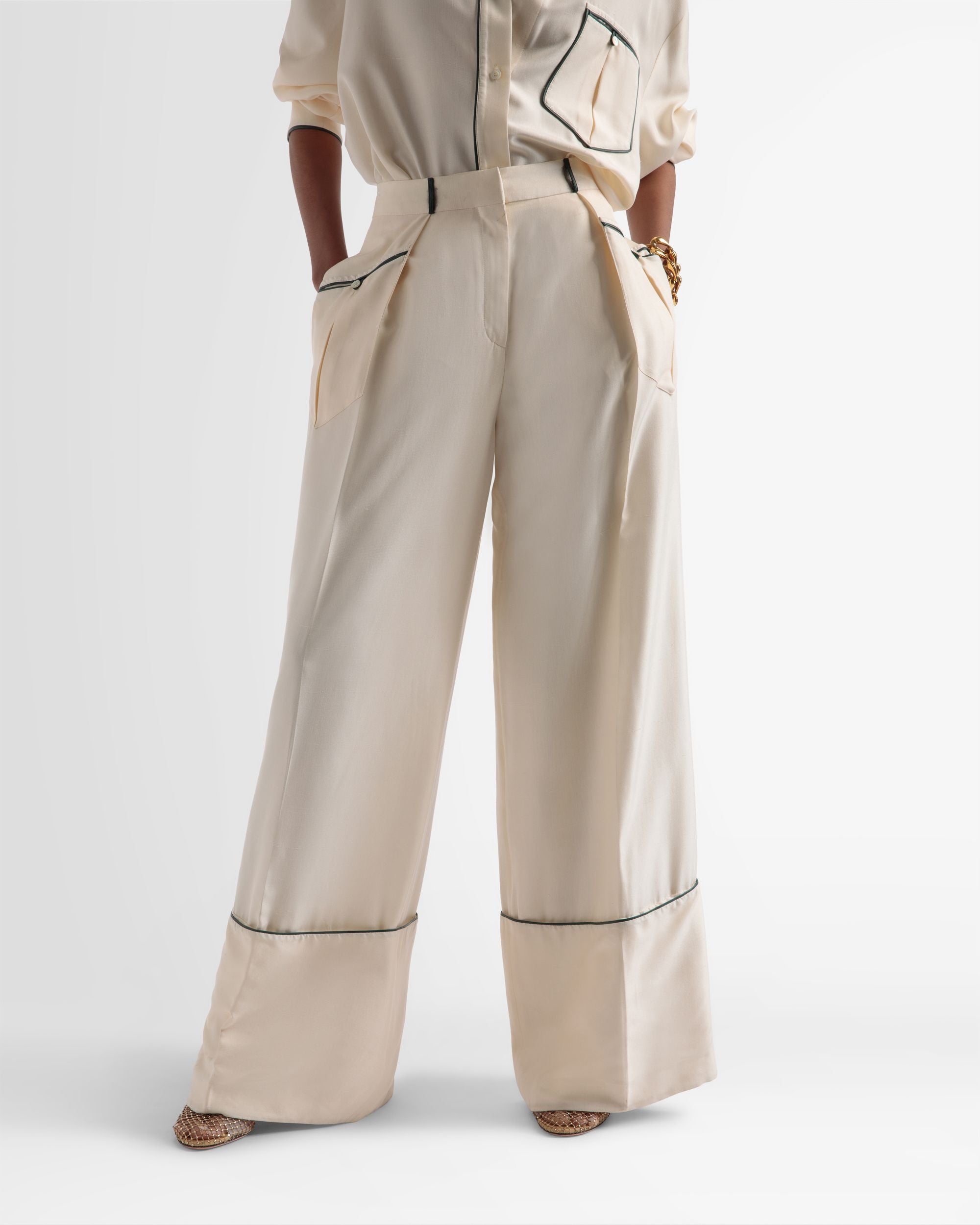 Wide Leg Silk Pants In Bone - Women's - Bally - 02