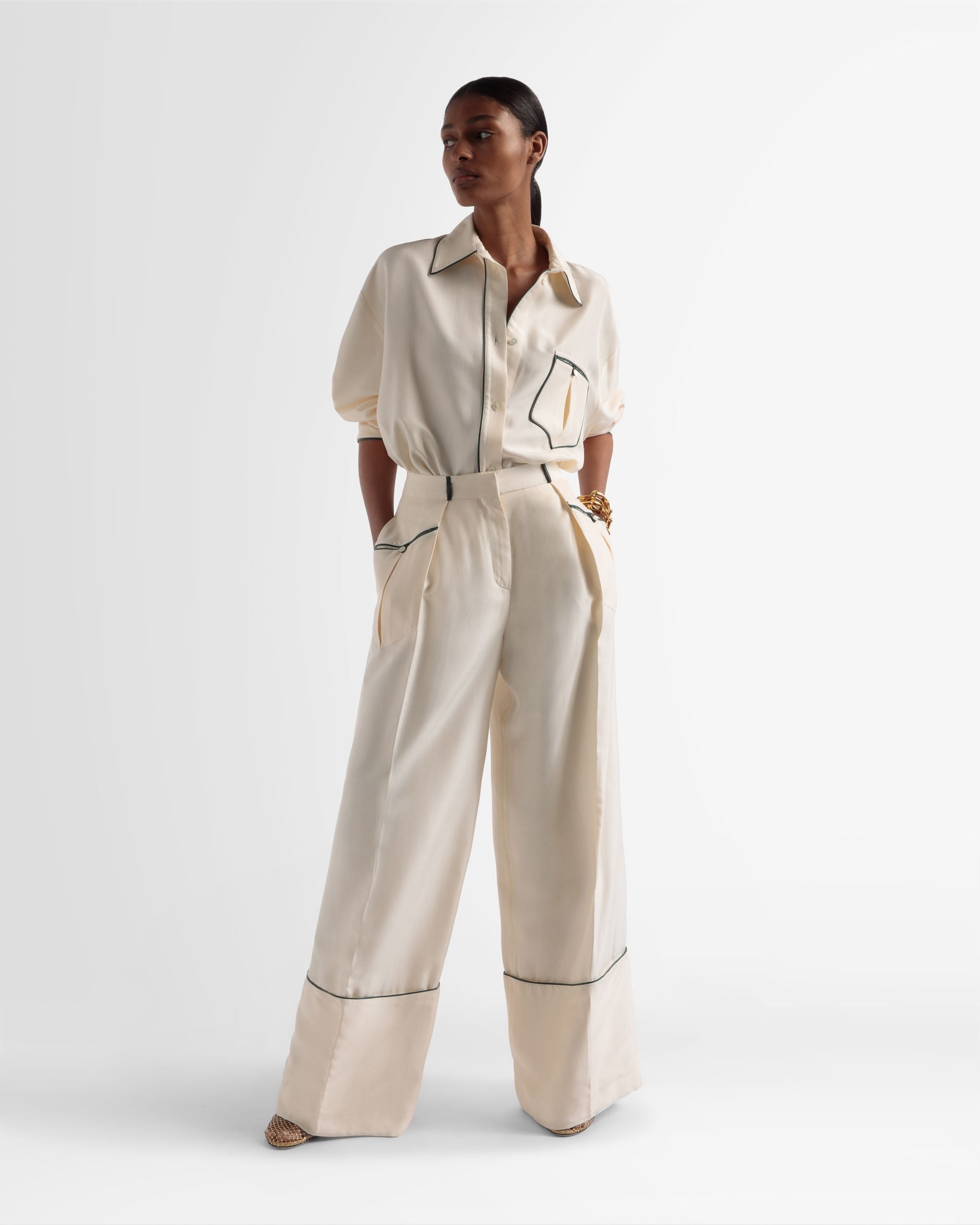 Wide Leg Silk Pants In Bone - Women's - Bally - 04